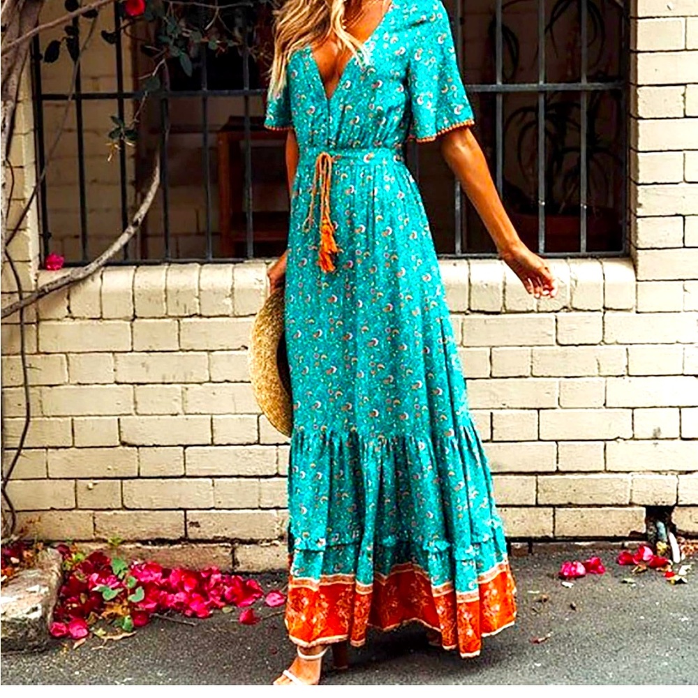 Boho Goddess dress ! Teal and rust - simply gorgeous in Coachella
